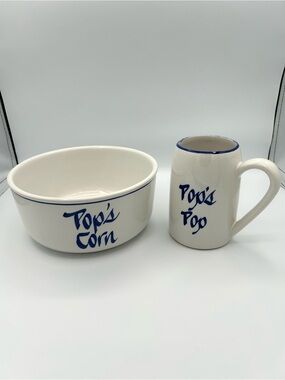 Vtg Clay Design Ceramic Pop's Popcorn Bowl & Mug White Blue Novelty Food & Drink